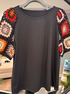 Black Top with Multicolor Crochet Sleeves